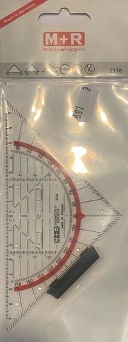 Geometriedreieck 16cm, glasklar abnehmbarer Griff, Skala rot, M+R